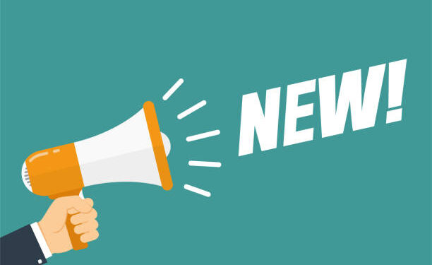 Hand hold megaphone. New. Flat style. Vector illustration