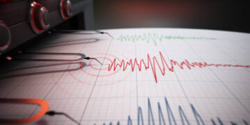 Seismograph printing seismic activity records of a severe earthquake.