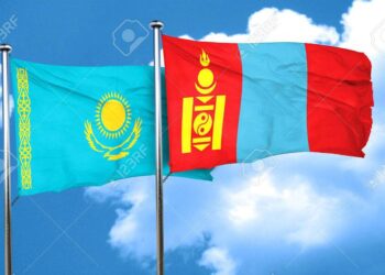 Kazakhstan flag with Mongolia flag, 3D rendering