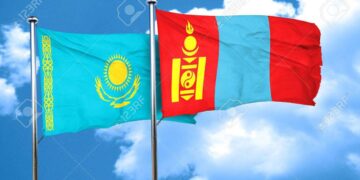 Kazakhstan flag with Mongolia flag, 3D rendering