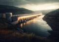 Hydroelectric power station generates electricity in mountain landscape generated by artificial intelligence