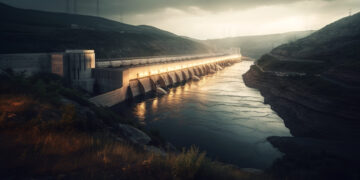 Hydroelectric power station generates electricity in mountain landscape generated by artificial intelligence